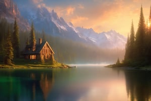 (wallpaper:1.2) ,best quality ,fantasy world, (elven wizard house:1.3) , fabulous coniferous forest near a clear mountain lake, magic, richness of colors, (ultra-quality light, masterpiece, wallpaper, ultra-detailed, panoramic photo: 1.3) , style of Ivan Aivazovsky,EpicLand,greg rutkowski,Looking at the sky,Movie Still