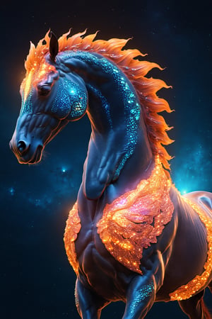 Celestial (alien:1.2) creature in horse shape, with blue and oranje opalescent skin and iridiscent scales, masterpiece, absolutely perfect, stunning image, visually rich, intricately detailed, concept art, by Mschiffer, glowy, cinematic, UHD wallpaper, 3d, octane render, volumetric lights,Movie Still