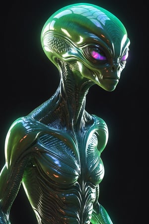 Alien creature in humanoid shape, with opalescent skin and iridiscent scales, masterpiece, absolutely perfect, stunning image, visually rich, intricately detailed, concept art, by Mschiffer, glowy, cinematic, UHD wallpaper, 3d, octane render, volumetric lights