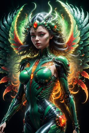 best quality goddess with whie hair translucent luminous burning phoenix wings and symmetrical biomechanical ornaments luminous covered full body tattoo levitation in cosmic outer space, green and red fire, epic, action pose, cosmos, energy, by H.R. Giger, cinematic light, cyberpunk, masterpiece, high detail, best quality, high resolution, hyper perspective, 3D shading, Octane Render, 8K resolution, trending on Artstation, ultra detailed, ultra accurate detailed, photo, perfect composition, beautiful detailed intricate insanely detailed octane render trending on artstation, 8 k artistic photography, photorealistic concept art, soft natural volumetric cinematic perfect light, chiaroscuro, award - winning photograph, masterpiece, oil on canvas, raphael, caravaggio, greg rutkowski, beeple, beksinski, giger,Movie Still,cyborg style