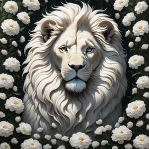 a painting of a white lion surrounded by flowers by Juliette Wytsman, Artstation, fantasy art, made of flowers, detailed painting, aesthetic,Movie Still,Film Still,Cinematic,Cinematic Shot