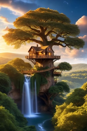 (wallpaper:1.2) ,best quality ,Ultra-detailed image of a (wallpaper:1.2) ,best quality Ultra-detailed image A majestic treehouse perched atop a towering oak tree, surrounded by lush foliage and a vibrant sky. Brown cat,waterfall, sea,EpicSky