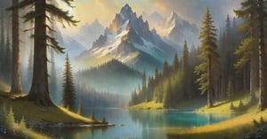 ((( wallpaper))) ,((best quality)),fantasy world, elven wizard house , fabulous coniferous forest near a clear mountain lake, magic, richness of colors, (ultra-quality light, masterpiece, wallpaper, ultra-detailed, panoramic photo: 1.3) , style of Ivan Aivazovsky,  by H.R. Giger and Alphonse Mucha ,6000
