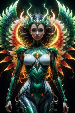 best quality goddess with whie hair translucent luminous burning phoenix wings and symmetrical biomechanical ornaments luminous covered full body tattoo levitation in cosmic outer space, green and red fire, epic, action pose, cosmos, energy, by H.R. Giger, cinematic light, cyberpunk, masterpiece, high detail, best quality, high resolution, hyper perspective, 3D shading, Octane Render, 8K resolution, trending on Artstation, ultra detailed, ultra accurate detailed, photo, perfect composition, beautiful detailed intricate insanely detailed octane render trending on artstation, 8 k artistic photography, photorealistic concept art, soft natural volumetric cinematic perfect light, chiaroscuro, award - winning photograph, masterpiece, oil on canvas, raphael, caravaggio, greg rutkowski, beeple, beksinski, giger,Movie Still,cyborg style