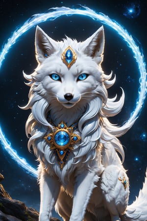 Lumina, the Celestial Fox, a 2-foot-tall marvel, enchants with silver fur shimmering like stars. Its sapphire-blue eyes mirror the cosmos. Nine tails represent celestial elements, leaving stardust trails and an aura of enchantment. Whispers claim Lumina's cosmic wisdom and blessings, awing all with its magic, detailed matte painting, deep color, fantastical, intricate detail, splash screen, complementary colors, fantasy concept art, 8k resolution trending on Artstation Unreal Engine 5,Movie Still,greg rutkowski