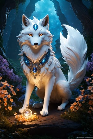 Lumina, the Celestial Fox, a 2-foot-tall marvel, enchants with silver fur shimmering like stars. Its sapphire-blue eyes mirror the cosmos. Nine tails represent celestial elements, leaving stardust trails and an aura of enchantment. Whispers claim Lumina's cosmic wisdom and blessings, awing all with its magic, detailed matte painting, deep color, fantastical, intricate detail, splash screen, complementary colors, fantasy concept art, 8k resolution trending on Artstation Unreal Engine 5,Movie Still,greg rutkowski