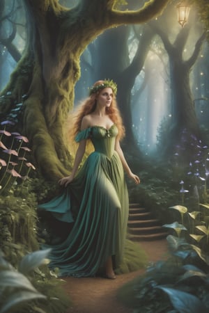 (wallpaper:1.2) ,best quality Ultra-detailed image of Enchanted forest in renaissance style, 🧚‍♀️, fairytale, fairies, detailed, dark magic, playful, realistic, mystical,A dryad in a magical garden.