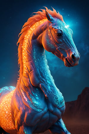 Celestial (alien:1.2) creature in horse shape, with blue and oranje opalescent skin and iridiscent scales, masterpiece, absolutely perfect, stunning image, visually rich, intricately detailed, concept art, by Mschiffer, glowy, cinematic, UHD wallpaper, 3d, octane render, volumetric lights,Movie Still