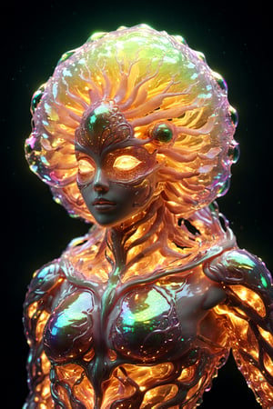 Organoid creature in humanoid shape, with opalescent skin and iridiscent scales, masterpiece, absolutely perfect, stunning image, visually rich, intricately detailed, concept art, by Mschiffer, glowy, cinematic, UHD wallpaper, 3d, octane render, volumetric lights,Movie Still