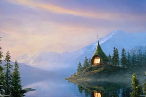 (wallpaper:1.2) ,best quality ,fantasy world, (elven wizard house:1.3) , fabulous coniferous forest near a clear mountain lake, magic, richness of colors, (ultra-quality light, masterpiece, wallpaper, ultra-detailed, panoramic photo: 1.3) , style of Ivan Aivazovsky,EpicLand,greg rutkowski,Looking at the sky