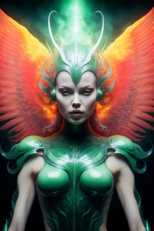 best quality goddess with whie hair translucent luminous burning phoenix wings and symmetrical biomechanical ornaments luminous covered full body tattoo levitation in cosmic outer space, green and red fire, epic, action pose, cosmos, energy, by H.R. Giger, cinematic light, cyberpunk, masterpiece, high detail, best quality, high resolution, hyper perspective, 3D shading, Octane Render, 8K resolution, trending on Artstation, ultra detailed, ultra accurate detailed, photo, perfect composition, beautiful detailed intricate insanely detailed octane render trending on artstation, 8 k artistic photography, photorealistic concept art, soft natural volumetric cinematic perfect light, chiaroscuro, award - winning photograph, masterpiece, oil on canvas, raphael, caravaggio, greg rutkowski, beeple, beksinski, giger,Movie Still,cyborg style