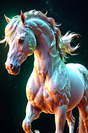Celestial creature in horse shape, with opalescent skin and iridiscent scales, masterpiece, absolutely perfect, stunning image, visually rich, intricately detailed, concept art, by Mschiffer, glowy, cinematic, UHD wallpaper, 3d, octane render, volumetric lights,Movie Still