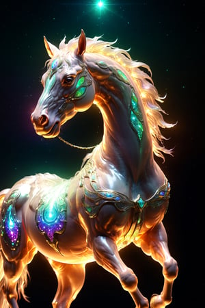 Celestial (alien:1.15) creature in horse shape, with opalescent skin and iridiscent scales, masterpiece, absolutely perfect, stunning image, visually rich, intricately detailed, concept art, by Mschiffer, glowy, cinematic, UHD wallpaper, 3d, octane render, volumetric lights,Movie Still