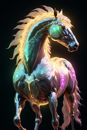 Celestial (alien:1.15) creature in horse shape, with opalescent skin and iridiscent scales, masterpiece, absolutely perfect, stunning image, visually rich, intricately detailed, concept art, by Mschiffer, glowy, cinematic, UHD wallpaper, 3d, octane render, volumetric lights,Movie Still