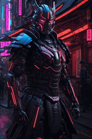 cinematic, ultra realistic, japanese vibe, intricate detailed cyborg-samurai, realistic, cyberpunk, neon city background,Ultron 