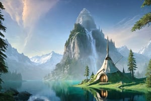 (wallpaper:1.2) ,best quality ,fantasy world, (elven wizard house:1.3) , fabulous coniferous forest near a clear mountain lake, magic, richness of colors, (ultra-quality light, masterpiece, wallpaper, ultra-detailed, panoramic photo: 1.3) , style of Ivan Aivazovsky,  by H.R. Giger and Alphonse Mucha ,6000,Leonardo Style,EpicLand