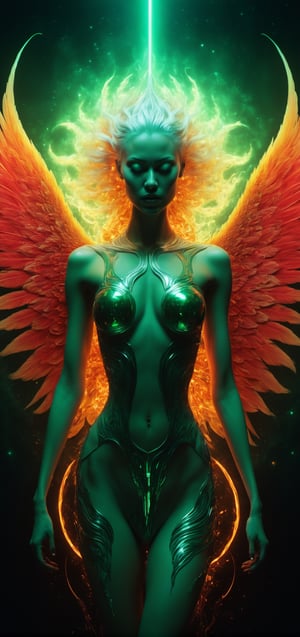 best quality goddess with whie hair translucent luminous burning phoenix wings and symmetrical biomechanical ornaments luminous covered full body tattoo levitation in cosmic outer space, green and red fire, epic, action pose, cosmos, energy, by H.R. Giger, cinematic light, cyberpunk, masterpiece, high detail, best quality, high resolution, hyper perspective, 3D shading, Octane Render, 8K resolution, trending on Artstation, ultra detailed, ultra accurate detailed, photo, perfect composition, beautiful detailed intricate insanely detailed octane render trending on artstation, 8 k artistic photography, photorealistic concept art, soft natural volumetric cinematic perfect light, chiaroscuro, award - winning photograph, masterpiece, oil on canvas, raphael, caravaggio, greg rutkowski, beeple, beksinski, giger,Movie Still