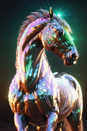 Celestial alien creature in horse shape, with opalescent skin and iridiscent scales, masterpiece, absolutely perfect, stunning image, visually rich, intricately detailed, concept art, by Mschiffer, glowy, cinematic, UHD wallpaper, 3d, octane render, volumetric lights,Movie Still