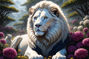 a painting of a white lion surrounded by flowers by Juliette Wytsman, Artstation, fantasy art, made of flowers, detailed painting, aesthetic,Movie Still,Film Still,Cinematic,Cinematic Shot