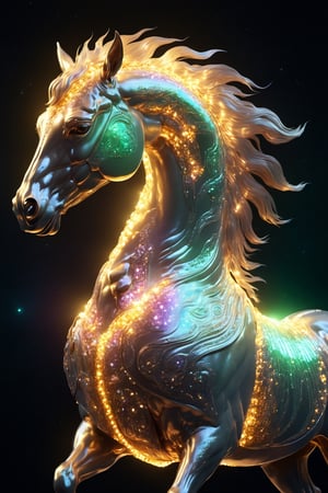 Celestial (alien:1.2) creature in horse shape, with opalescent skin and iridiscent scales, masterpiece, absolutely perfect, stunning image, visually rich, intricately detailed, concept art, by Mschiffer, glowy, cinematic, UHD wallpaper, 3d, octane render, volumetric lights,Movie Still