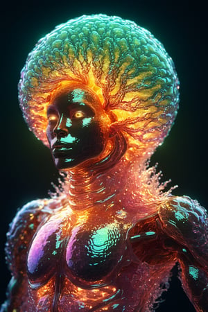 Organoid creature in humanoid shape, with opalescent skin and iridiscent scales, masterpiece, absolutely perfect, stunning image, visually rich, intricately detailed, concept art, by Mschiffer, glowy, cinematic, UHD wallpaper, 3d, octane render, volumetric lights,Movie Still