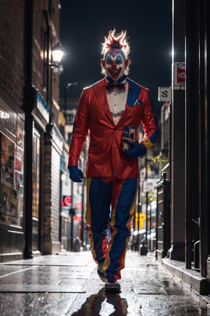 Peak Clown World, man walking in Street of London in 1853, in full clown makuep, fully_dressed in a clown suit,high_res,extremely detailed, 4k, cinematic envirement, hyper-realistic illustration, vivid colors, UHD, cinematic perfect light,greg rutkowski