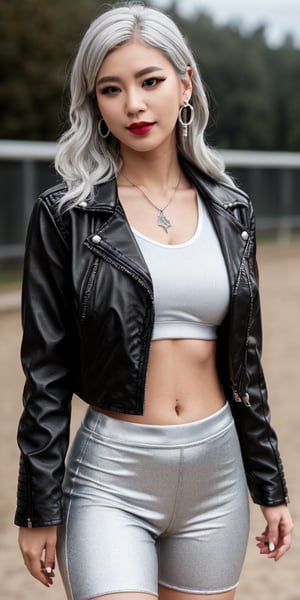 Korean, (((white-silver hair))), long hair, blue eyes, age 19, 1 girl, standing, full body pose, photorealistic:1.37, masterpiece, best quality, raw photo, UHD, intricate detail, detailed background, detailed skin, pore, high res, HDR, on stage, sexy pose, sexy smile, blue eye shadow, rings, earrings, neckless, wrist bands, ancle bands, seductive pose, ribbons, angelic tattoos, shy, blushing, allot of tattoos, 3D, boots, earrings, fishnets, jewelry, lip piercing, lips, long hair, makeup, nail polish, navel, navel piercing, realistic, solo, standing, tattoo, two-tone hair, leather, black skirt, (((black leather jacket))), black leather shorts, (((Black Kelvin Cline Sports Bra))), 4K, 8K, top model, final fantasy still, thin build