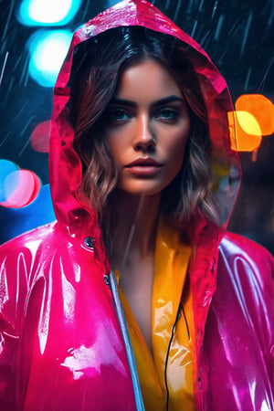 masterpiece,cinematic, filmic image 4k, 8k ,beautiful woman with medium hair and wearing a transparent raincoat, on asphalt, night city, (heavy rain, torrential rain), neon lights, perfect lighting, detailed face and eyes, detailed hand, high resolution, sharp focus, best aesthetic, high aesthetic, caucasic woman