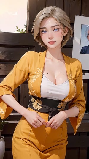 ((((masterpiece, best quality, high resolution)))), Extremely detailed 8K, Beautiful girl with voluptuous body, (Ultra HD, Ultra-detailed, Highly detailed, Highly realistic, Ultra-realistic, photograph realistic), (1girl:1.5), (Realistic white hair), short silky hair, bob cut, (dynamic poses), facing at camera, looking at viewer, (blushing red, smile), (purple eyes, sharp eyes), (big perky breasts:1.2), cleavage, (beautiful detailed face, beautiful detailed eyes), ((kebaya dress, thin material)), (standing up), sweat, glow, (sunbeam, sunlight), ((cowboy shot))