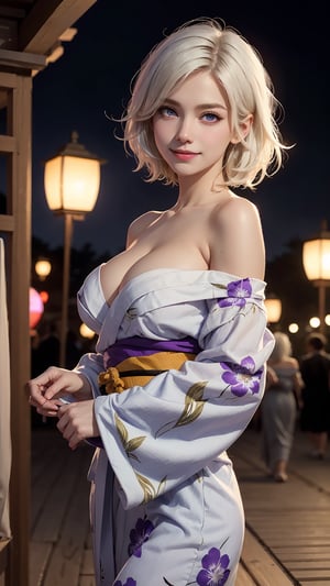 (masterpiece, best quality:1.2), cowboy shot, solo, 1girl, realistic white hair, short wavy hair, purple eyes, average breasts, cleavage, slender body, light smile, looking at viewer, night light, night time,Detailedface,Detailedeyes,sagging breasts, Fluffy off-shoulder yukata, summer festival in background