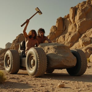 A stunning Hasselblad H6D-100c shot: Rock and Gravel, two cavemen, sit in the Boulder Mobile, a stone car, amidst a barren landscape. Soft, warm light highlights their shaggy hair, obscuring their forms, as one raises a wooden club to power the ancient vehicle. Massive stone wheels and natural textures define the mobile's crude design. Golden lighting accentuates texture, casting long shadows across the rocky terrain, capturing the gritty, prehistoric atmosphere.