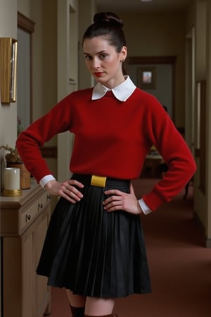 Close up, cinematic portrait of Winona Ryder as Olive Oyl, slender beauty in red sweater with white collar, black pleated skirt, yellow band. Neat bun hairstyle in the lower back of her neck, confident pose with oversized brown boots. Blurred backdrop highlights her elegant charm, quirky vibe. Perfect fusion of portrait, cinematic photography