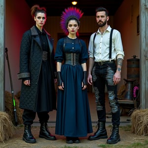 Amish Punk Fashion Photoshoot

Scene: Abandoned barn at twilight, with neon lights casting an otherworldly glow amidst weathered wood, hay bales, and old farm equipment.

Model 1 (Quilted Anarchy): Oversized black quilt coat with leather lapels and cuffs, plain black dress underneath, chunky boots with metal studs, fingerless gloves, and sleek bun with spiked bonnet.

Model 2 (Modest Mohawk): Floor-length navy blue dress with safety pins, black leather corset, combat boots, detachable bonnet with purple mohawk crest, and slicked-back hair.

Model 3 (Barn Raising Rebel): Black suspenders pants with traditional Amish fabric patches, plain white shirt with studs, distressed hat, heavy work boots, and neatly trimmed beard with blue streak.

Makeup: Minimal base makeup with smokey eyes using charcoal, deep purple, and navy colors. Subtle matte finish on lips. Neon eyeliner (green or pink) added for an edgy touch.

Props: Traditional Amish tools modified with punk elements, old-fashioned butter churn with a punk-inspired mural, and vintage rocking chair partially covered in black leather and studs.

Lighting: Warm, golden lighting reminiscent of lantern light, with neon accents in pink and green to create contrast. Experiment with shadows for dramatic silhouettes against the barn walls.

Mood: Contrast and duality between tradition and rebellion, simplicity and complexity. Models' expressions convey stoic determination and defiant energy.