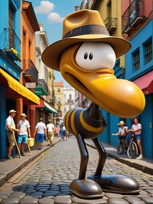 Clemente is brought to life with realistic textures, standing in a lively Buenos Aires street. He is instantly recognizable with his distinctive hat, big nose, and expressive eyes. He interacts with the environment in a playful manner, gesturing animatedly. The scene captures the essence of Buenos Aires with cobblestone streets, colorful buildings, and street vendors. The overall atmosphere is vibrant and energetic, reflecting Clemente’s whimsical and charming personality.