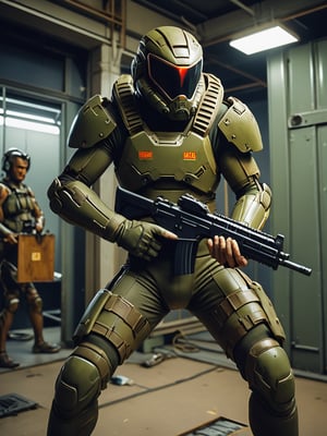 A lndr doomguy, wearing a zentai suit. standing on action. analog photo.