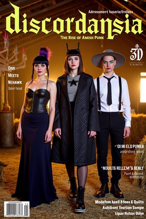 Amish Punk Magazine Cover:
Music magazine cover showcasing the new "Amish Punk" style:
Layout:
- Vertical format, typical of fashion magazines
- Title at top: "Discordansia" in large, bold typography
- Subtitle: "The Rise of Amish Punk" in smaller, edgy font
Main Image:
- Three models posed in an abandoned barn at twilight
- Fog machine haze for atmospheric effect
- Warm golden lighting with neon pink and green accents
Models and Styling:
1. Center (Modest Mohawk):
   - Woman in floor-length navy dress with asymmetrical hem
   - Black leather corset over dress
   - Detachable bonnet with deep purple mohawk crest
   - Combat boots
   - Positioned slightly forward, gazing directly at camera
2. Left (Quilted Anarchy):
   - Woman in oversized black quilt coat with leather accents
   - Coat pattern subtly incorporates anarchist symbols
   - Spiked mini-bonnet
   - Chunky black boots
   - Turned slightly towards center, profile partly visible
3. Right (Barn Raising Rebel):
   - Man in black suspender pants with Amish fabric patches
   - White button-up with studded collar, sleeves rolled up
   - Distressed wide-brimmed hat with studded band
   - Dark brown work boots
   - Angled towards center, face partially obscured by hat brim
Makeup and Details:
- Minimal base makeup with dramatic eyes
- Subtle neon eyeliner accents (green, pink, blue respectively)
- Focus on texture contrasts: smooth skin, rough leather, soft fabric
Props and Background:
- Visible barn interior with weathered wood and hay bales
- Punk-painted butter churn in foreground
- Modified farm tools (pitchfork with chains) subtly placed
Text Overlays:
- "Tradition Meets Rebellion: Fashion's New Frontier"
- "DIY Punk Meets Amish Simplicity"
- "Modest Mohawks & Quilted Anarchy: Your Guide Inside"
Style and Mood:
- High-contrast, editorial fashion photography
- Blend of rustic textures and sleek, modern elements
- Atmosphere of tension between tradition and defiance. Composition:
- Rule of thirds with models as focal points
- Dynamic poses creating visual interest and flow
- Enough negative space for text without obscuring key style elements