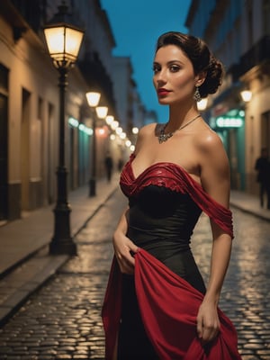 A stunning, cinematic portrait of a woman tango dancer, capturing the essence of Buenos Aires. She is dressed in a traditional, elegant tango outfit, with a flowing, off-the-shoulder dress and a glimmering shawl. Her expressive eyes and intense gaze convey the passion of the dance. The background reveals a dimly lit, cobblestone street with vintage streetlights and the silhouette of a nearby building. The overall atmosphere is dramatic and romantic, evoking the spirit of the city., cinematic, photo, portrait photography