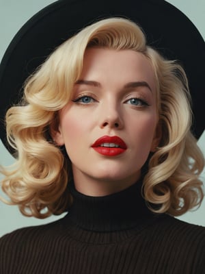 in a close-up, eye-level shot, marilyn monroe, a blonde woman with short, wavy hair, is the focal point of the image. she's dressed in a dark brown turtleneck sweater, paired with a black hat and a black suit jacket. her lips are a vibrant red, and her eyes are a deep brown. her hair, a light shade of blonde, is styled in loose waves, adding a touch of whimsy to her appearance. in the background, a man with a black hat and a white shirt is visible.