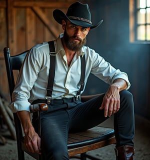 Fashion portrait in atmospheric barn interior. Man wearing black suspender pants with patches of traditional Amish fabrics. Plain white button-up shirt, rolled-up sleeves, subtle studs on collar. Distressed wide-brimmed black hat with studded band. Heavy dark brown leather work boots. Neat beard with small blue streak. Natural makeup with slightly smoked-out eyes. Leaning on a vintage rocking chair partially covered in black leather and studs. Lighting: golden hour warmth with hints of neon blue. Misty background. Expression combines calm strength with a hint of rebellion.
Style: Rugged fashion photography, rich textures, moody atmosphere