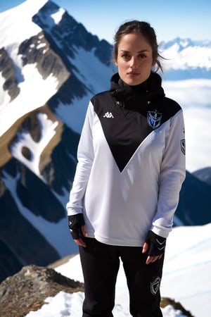 Extremely Realistic photo, Female mrlhgr, wearing a snowboard suit inspired in vlzblnc soccer jersey, stands on a mountain top