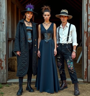 [Image description: A vertical fashion magazine cover featuring the VOGUE logo in bold, large typography at the top. The subtitle The Rise of Amish Punk is written in smaller, edgy font below.]

In this provocative spread, three models embody the unbridled spirit of Amish Punk, posing amidst the rustic backdrop of an abandoned barn at twilight.

[Model 1: Modest Mohawk]

A floor-length navy dress with an asymmetrical hem drapes elegantly around the center model, paired with a black leather corset that adds an edgy touch. The detachable bonnet features a deep purple mohawk crest, while combat boots add to the overall rebellious vibe.

[Model 2: Quilted Anarchy]

The woman on the left sports an oversized black quilt coat with leather accents and subtle anarchist symbols woven into the pattern. A spiked mini-bonnet adds to her punk aesthetic, paired with chunky black boots.

[Model 3: Barn Raising Rebel]

The man on the right wears black suspender pants adorned with Amish fabric patches, a white button-up shirt with studded collar, and rolled-up sleeves. His outfit is completed by a distressed wide-brimmed hat with a studded band and dark brown work boots.

[Makeup and Details:]

Minimal base makeup allows for dramatic eyes to take center stage, accentuated by subtle neon eyeliner hues (green, pink, blue respectively). The focus lies in texture contrasts between smooth skin, rough leather, and soft fabric.

[Props and Background:]

The barn's weathered wood and hay bales provide a rustic backdrop, with a punk-painted butter churn and modified farm tools subtly placed to emphasize the blend of tradition and defiance.

[Text Overlays:]

* Tradition Meets Rebellion: Fashion's New Frontier
* DIY Punk Meets Amish Simplicity
* Modest Mohawks & Quilted Anarchy: Your Guide Inside

[Style and Mood:]

High-contrast, editorial fashion photography blends rustic textures with sleek, modern elements. The atmosphere is one of tension between tradition and defiance.

[Composition:]

The rule of thirds is applied, with the models serving as focal points. Dynamic poses create visual interest and flow, leaving enough negative space for text without obscuring key style elements.