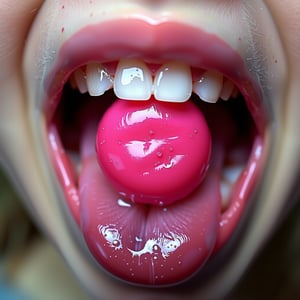 Close-up shot of a bright pink candy deep within the wet, pink-lined interior of an unsuspecting young girl's open mouth. Soft focus on the surrounding tongue and gums, with shallow depth of field to emphasize the sugary treat's vibrant color and sticky texture.