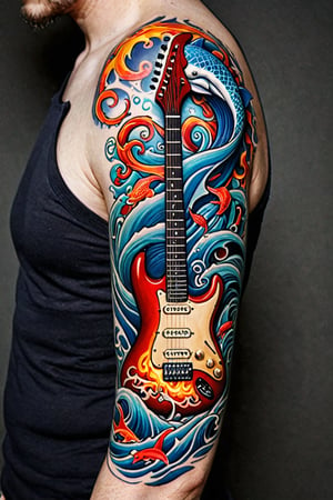  Irezumi style sleeve tattoo. intertwines a sleek electric guitar with an undulating ocean sea. The waves flow seamlessly into the guitar's strings, while the guitar's body is adorned with a variety of marine creatures, including dolphins, octopuses, and mermaids. The colors are vibrant and bold, with the deep blues of the ocean contrasting the fiery reds and yellows of the guitar's flames. The overall effect is a striking blend of music, nature, and Japanese tattoo art.,tattoo