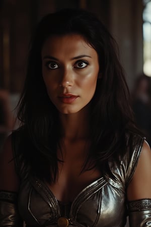 In a soft, diffused light, the Canon EOS R5 captures a cinematic portrait of Dale Arden's intense expression as she confronts Ming the Merciless for the first time. Her wide, determined eyes, framed by dark hair, convey fear and defiance. Softly lit facial features, with a hint of vulnerability, are reflected in her metallic outfit, suggesting elegance and readiness. The blurred throne room background emphasizes Dale's emotions, while the Canon EOS R5's sharp clarity captures every detail of her courageous gaze.