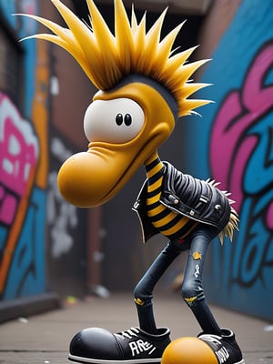 Clemente is depicted with a rebellious punk rocker look, sporting a leather jacket, ripped jeans, and a spiked mohawk. He strikes a bold pose, exuding attitude and confidence. The scene is set in a gritty urban environment, with graffiti-covered walls and a dimly lit alley. The overall atmosphere is edgy and vibrant, capturing the rebellious spirit of punk rock, clmnt