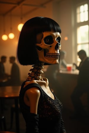 A hauntingly beautiful analog photo of Mercedes Meche Colomar, set against the warm and nostalgic backdrop of the Calavera Café in Rubacava. Meche's skeletal face, adorned with expressive hollow eye sockets, is framed by a sleek black bob hairstyle. Her elegant dress reflects her refined character, contrasted by the soft glow from the warm lighting that highlights the contours of her skull. Shadows dance across her features, adding depth and dimension to her determined yet melancholic expression. In the background, silhouettes of other skeletal patrons socialize, while a small jazz band plays softly, and the bartender expertly mixes drinks at the bar area, amidst a haze of smoke and light beams. The overall mood is one of quiet strength and resilience, as Meche's steady gaze reflects her inner resolve in the face of adversity.