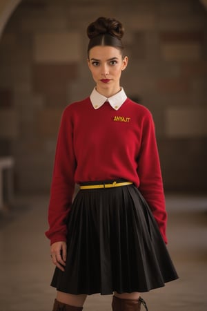 Close up, cinematic portrait of ANYAJT as Olive Oyl, slender beauty in red sweater with white collar, black pleated skirt, yellow band. Neat bun hairstyle in the lower back of her neck, confident pose with oversized brown boots. Blurred backdrop highlights her elegant charm, quirky vibe. Perfect fusion of portrait, cinematic photography