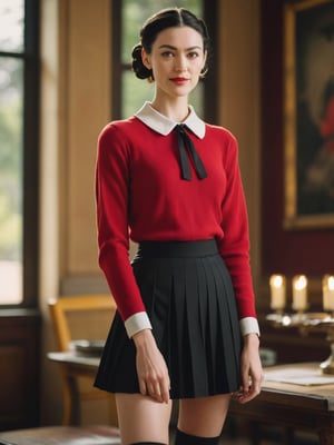  Close up, cinematic portrait of inprdm as Olive Oyl, slender beauty in red sweater with white collar, black pleated skirt, yellow band. Neat bun hairstyle in the lower back of her neck, confident pose with oversized brown boots. Blurred backdrop highlights her elegant charm, quirky vibe. Perfect fusion of portrait, cinematic photography.,vjvx