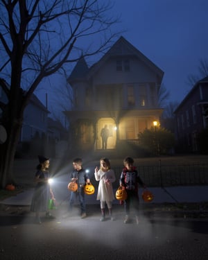 A dimly lit suburban street at dusk, where five children in Halloween costumes clutch their candy bags tightly. Their flashlight beams cut through a thick, unnatural fog that curls around their feet. The nearest house is Victorian-style with boarded windows and dead vines crawling up its facade. Through the fog, the silhouette of a tall, unnaturally thin figure can be barely seen watching from behind a dead tree. Jack-o'-lanterns flicker with eerie green light, casting distorted shadows. The children's costumes (witch, zombie, ghost, vampire, and skeleton) appear worn and unsettlingly realistic. One child points toward the house while another seems frozen in fear. The color palette is muted oranges and blues with spots of sickly green, emphasizing deep shadows. Composition is low-angle to make the house loom menacingly. Photorealistic style with horror movie lighting.