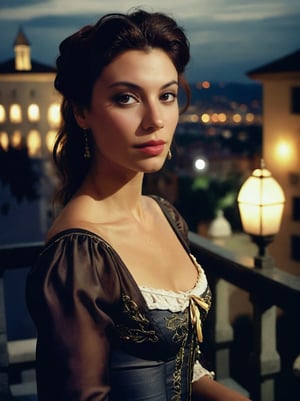 A portrait of an Italian Inprdm exuding a Juliette costume. She is posing on a balcony at Verona, waiting for Romeo. The background is the city of Verona in a distance. Photo by Annie leibovitz, close up , movie still, hard shadows, analog film, deep photo, depth of field, ferrania p30 film, shadows, nighttime, dark photo, grainy, dimly lit, harsh camera flash, faded film, desaturated, 35mm photo, vintage, kodachrome